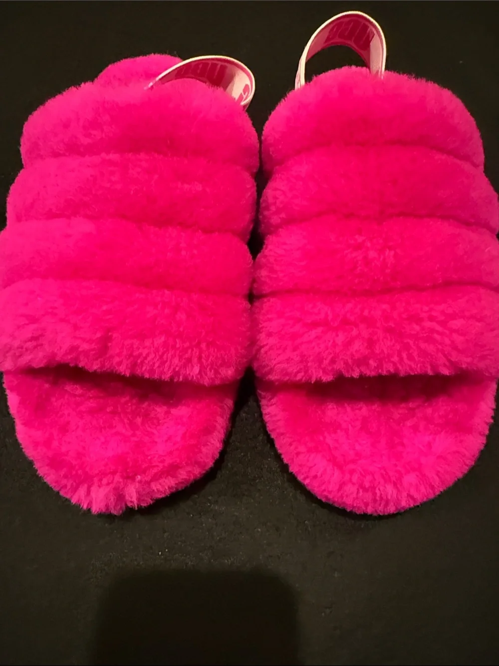 UGG Kids Hot Pink Faux-Fur Slide Sandals with Branded Heel Strap